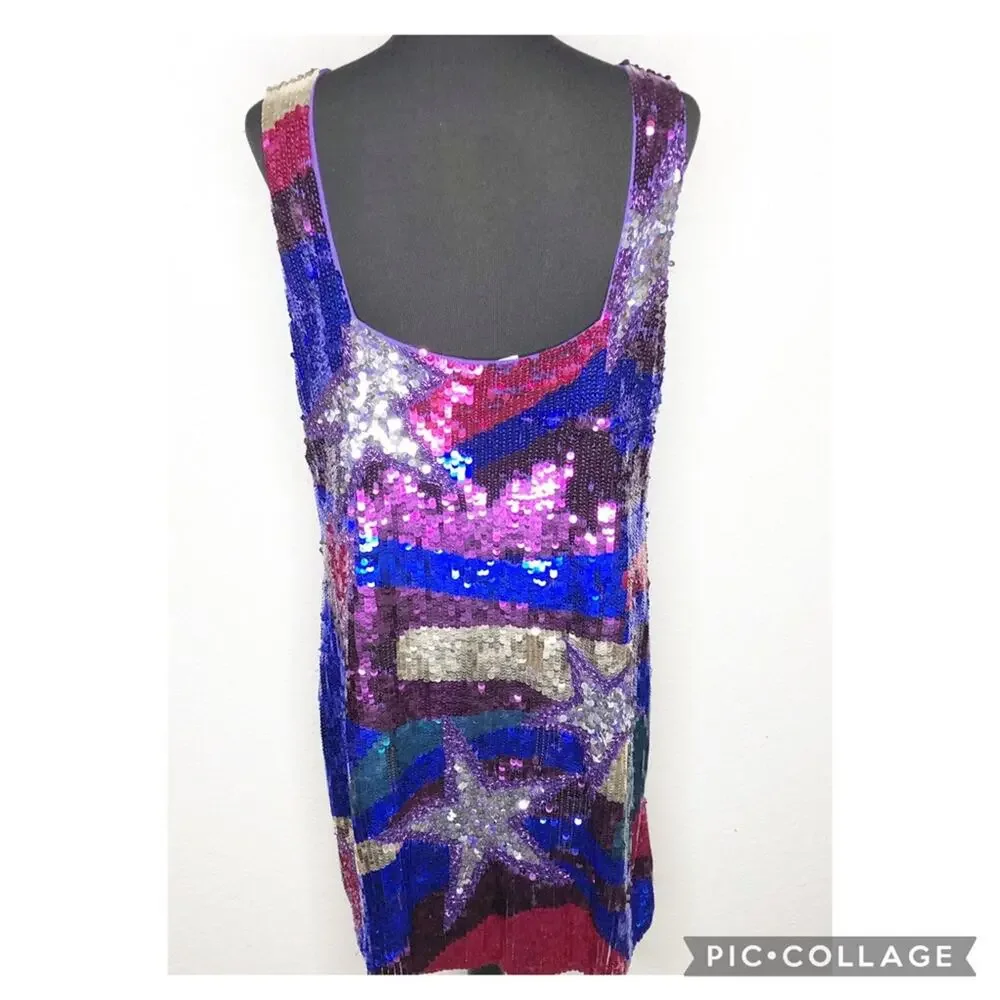 Nasty Gal sequin star heart mini blue pink sequin sleeveless dress size 14